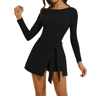 Tennis Dresses for Women Long Sleeve Wrap Skirt with Built in Shorts Golf Athletic Dress Active Workout Skort Dress