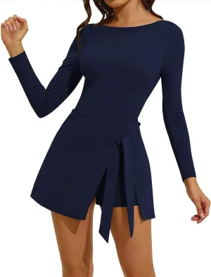 Tennis Dresses for Women Long Sleeve Wrap Skirt with Built in Shorts Golf Athletic Dress Active Workout Skort Dress