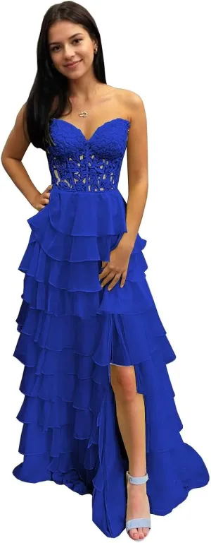 Tiered Prom Dresses 2025 for Teens Chiffon Strapless A-Line Lace Appliques Corset Long Ball Gown with Slit