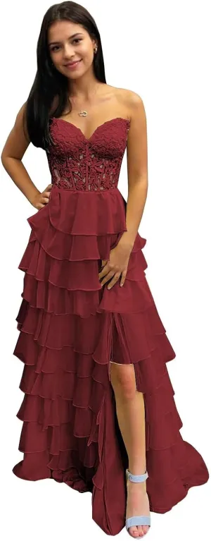 Tiered Prom Dresses 2025 for Teens Chiffon Strapless A-Line Lace Appliques Corset Long Ball Gown with Slit