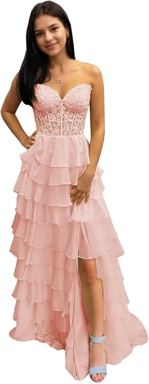 Tiered Prom Dresses 2025 for Teens Chiffon Strapless A-Line Lace Appliques Corset Long Ball Gown with Slit