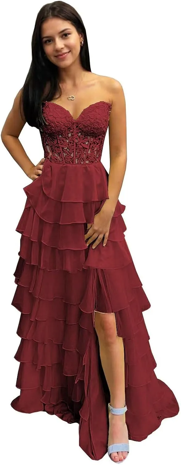 Tiered Prom Dresses 2025 for Teens Chiffon Strapless A-Line Lace Appliques Corset Long Ball Gown with Slit