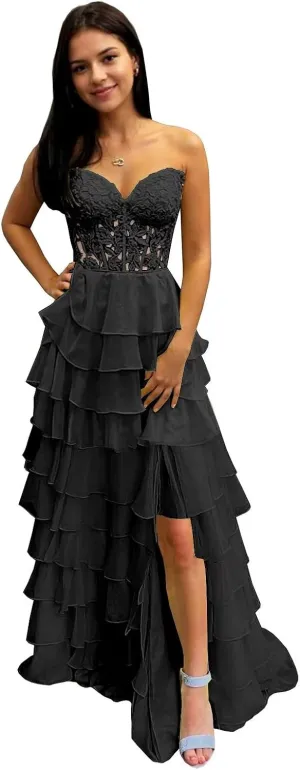 Tiered Prom Dresses 2025 for Teens Chiffon Strapless A-Line Lace Appliques Corset Long Ball Gown with Slit