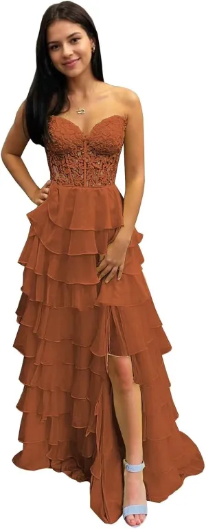 Tiered Prom Dresses 2025 for Teens Chiffon Strapless A-Line Lace Appliques Corset Long Ball Gown with Slit