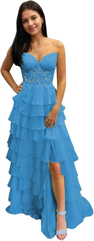 Tiered Prom Dresses 2025 for Teens Chiffon Strapless A-Line Lace Appliques Corset Long Ball Gown with Slit
