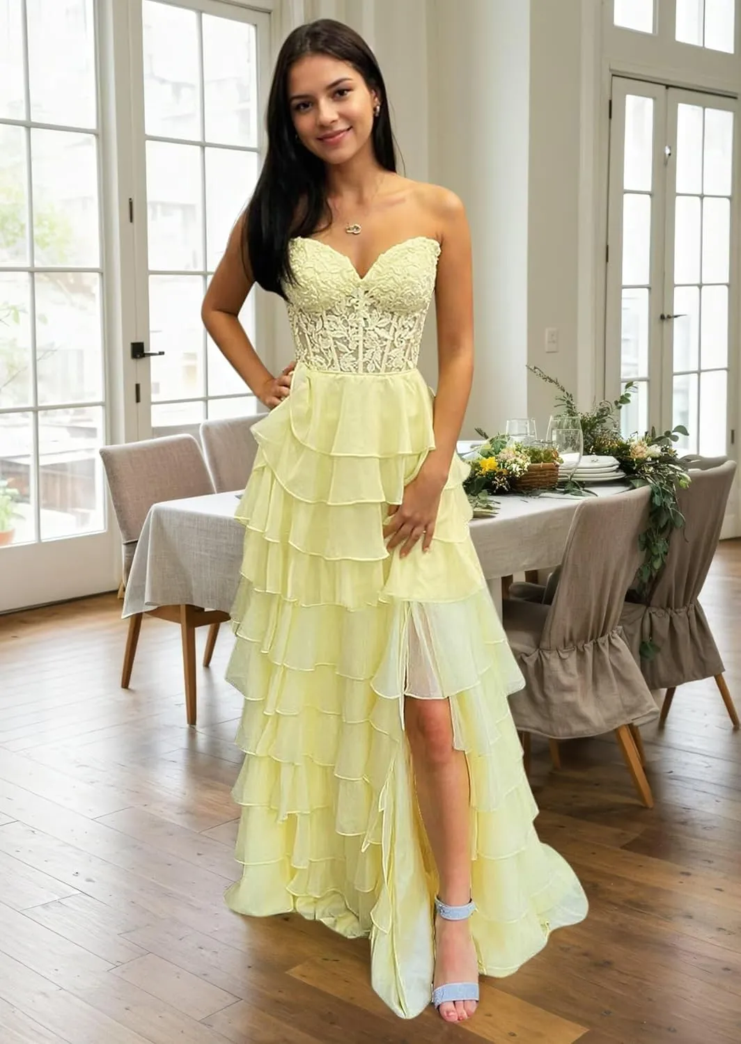 Tiered Prom Dresses 2025 for Teens Chiffon Strapless A-Line Lace Appliques Corset Long Ball Gown with Slit