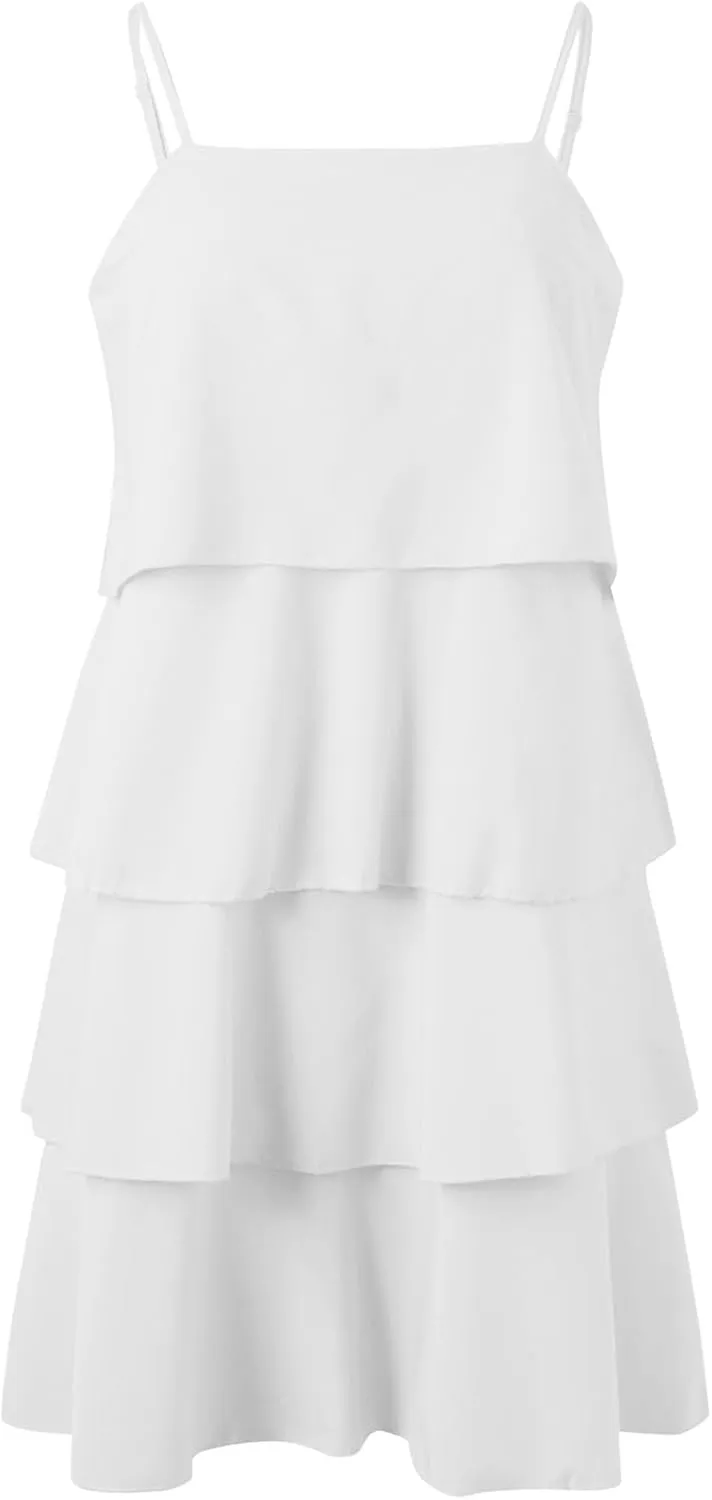 Tiered Ruffle Dress for Women Casual Summer Sleeveless Spaghetti Strap Mini Dress Flowy Layered Vacation Beach Dress