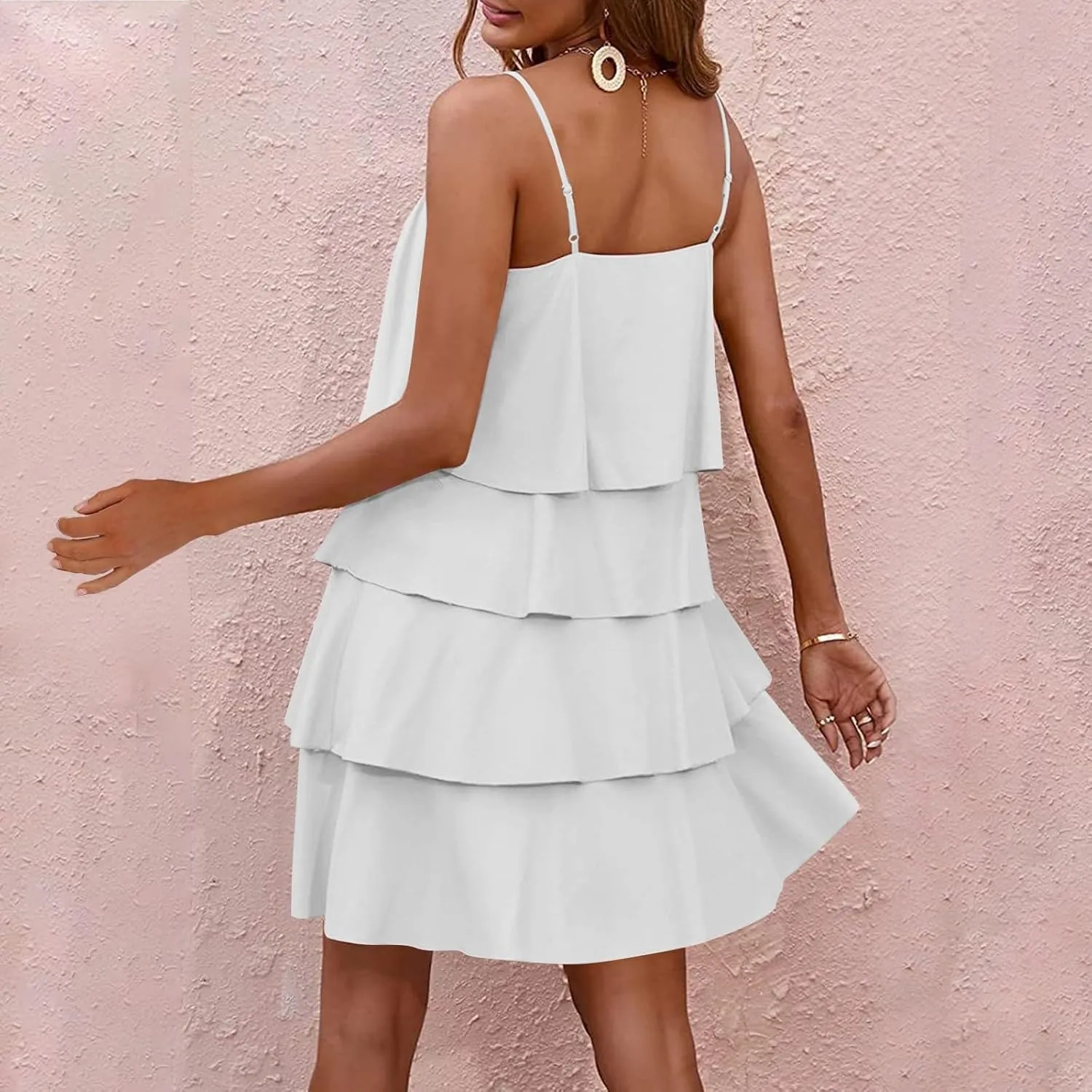 Tiered Ruffle Dress for Women Casual Summer Sleeveless Spaghetti Strap Mini Dress Flowy Layered Vacation Beach Dress