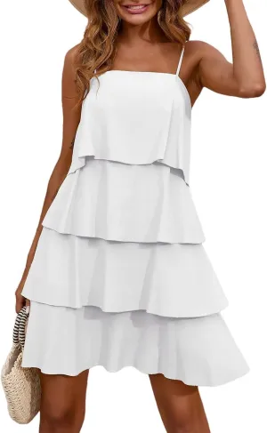 Tiered Ruffle Dress for Women Casual Summer Sleeveless Spaghetti Strap Mini Dress Flowy Layered Vacation Beach Dress