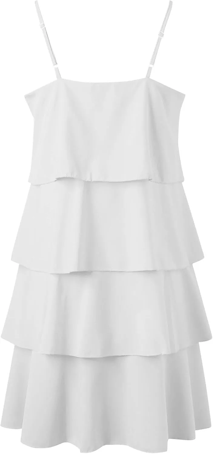 Tiered Ruffle Dress for Women Casual Summer Sleeveless Spaghetti Strap Mini Dress Flowy Layered Vacation Beach Dress