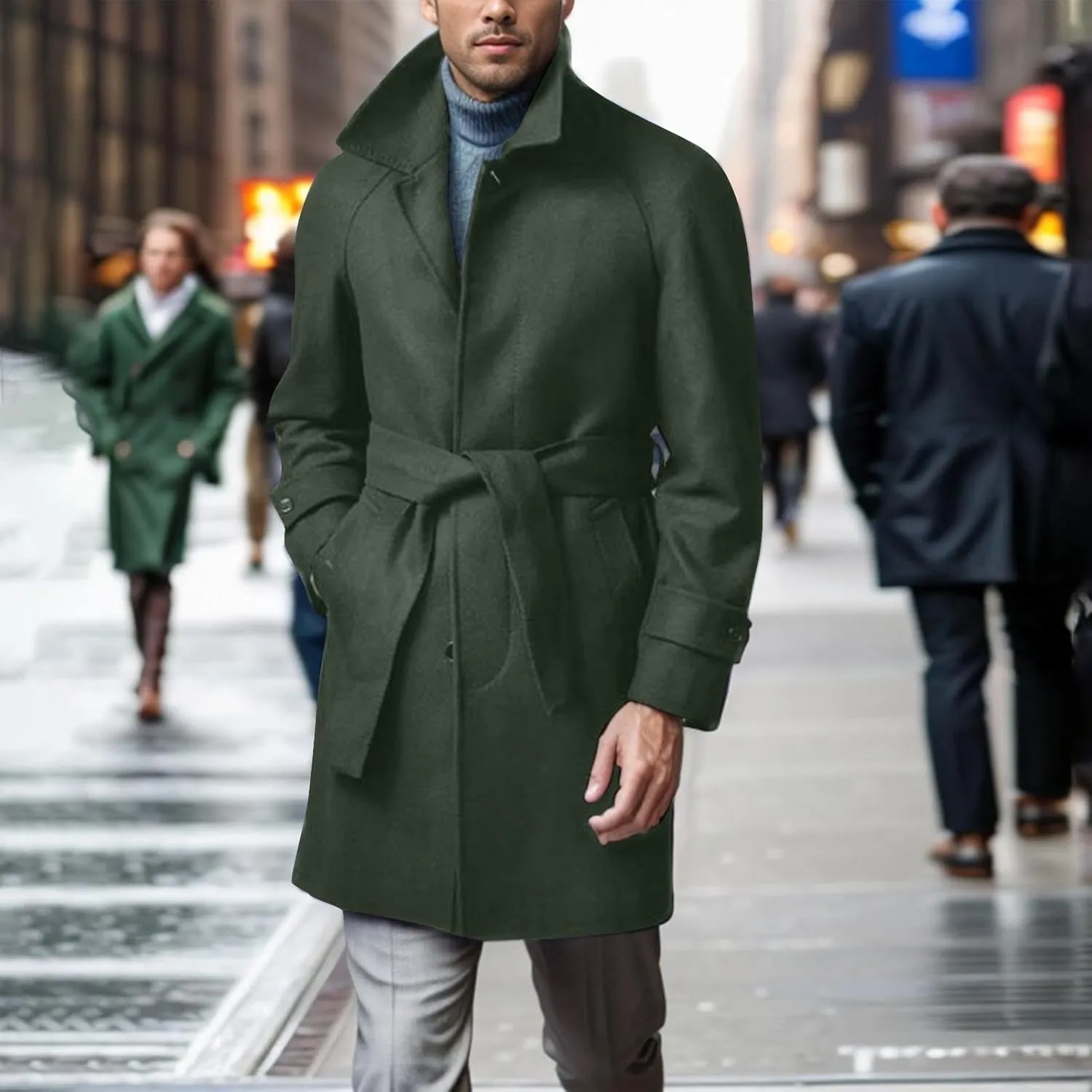 Trench Coat Men Classic Notched Collar Overcoat Warm Single Breasted Peacoat Elegant Long Jacket Overcoat