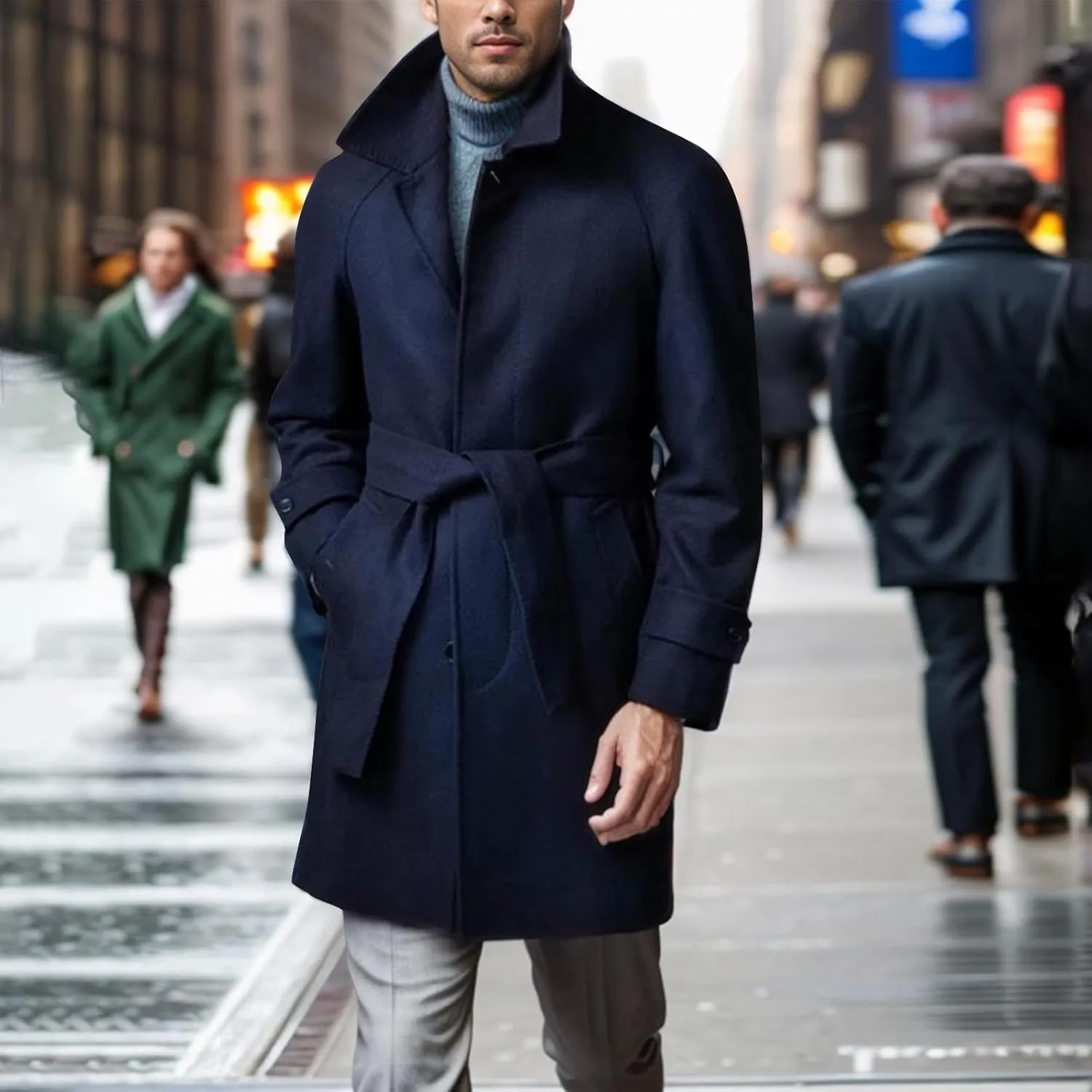 Trench Coat Men Classic Notched Collar Overcoat Warm Single Breasted Peacoat Elegant Long Jacket Overcoat