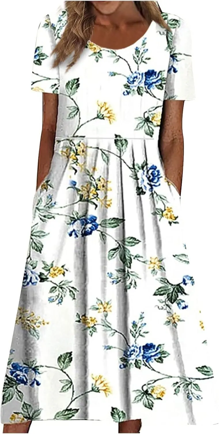 Tshirt Dress for Women 2025 Beach Cotton Linen Floral Printed Dresses with Pockets Casual Flowy Long Dress