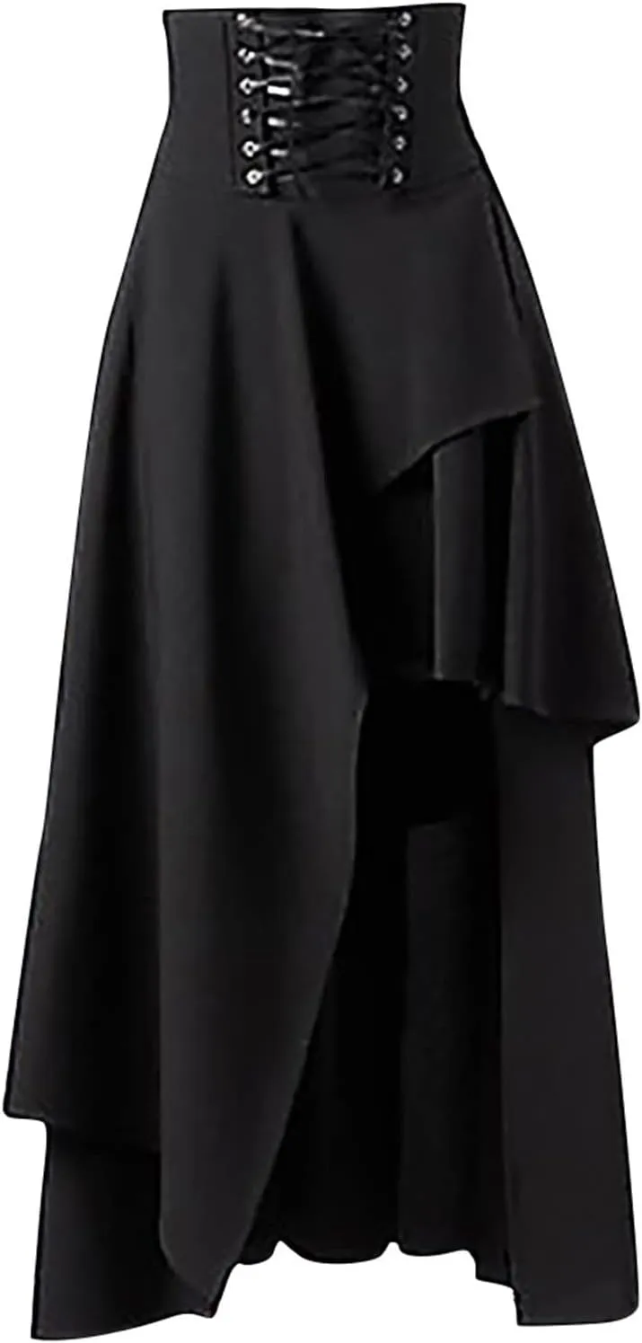 Uillui Women's Vintage Punk Gothic Skirt Lace-Up Split Midi Skirt Steampunk Gothic Pleated Skirt Victorian Pirate Wrap Skirt