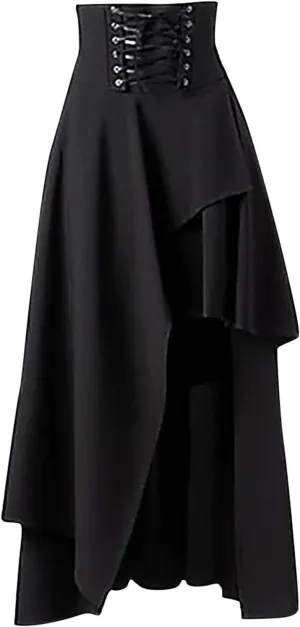 Uillui Women's Vintage Punk Gothic Skirt Lace-Up Split Midi Skirt Steampunk Gothic Pleated Skirt Victorian Pirate Wrap Skirt
