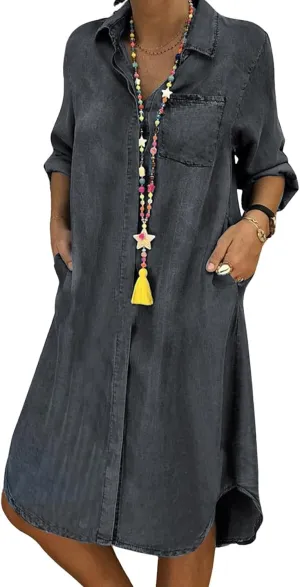 utcoco Denim Dress for Women 2025 Casual Loose Long Sleeve Classic Vintage Button Down Jean Shirt Dresses with Pockets