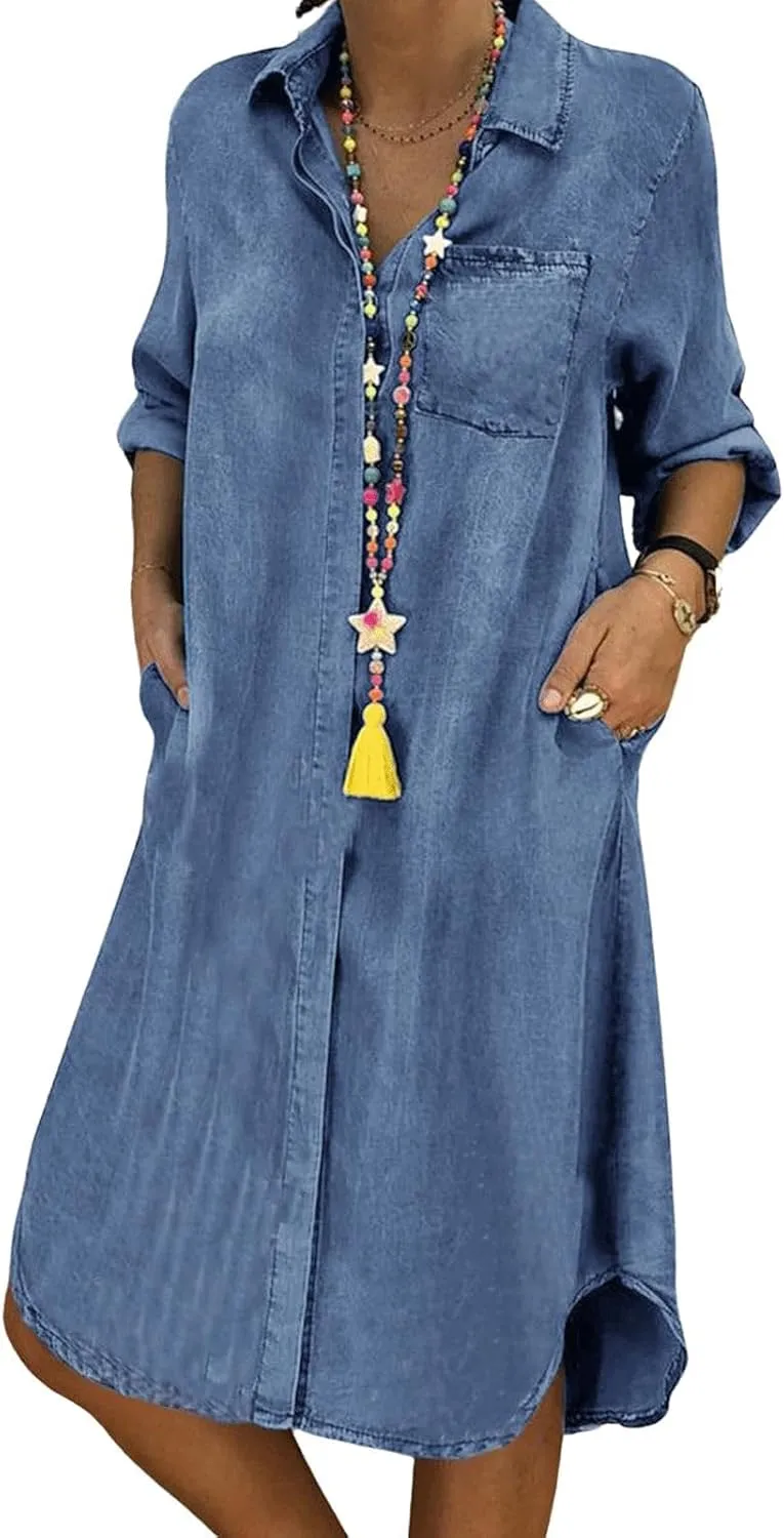 utcoco Denim Dress for Women 2025 Casual Loose Long Sleeve Classic Vintage Button Down Jean Shirt Dresses with Pockets