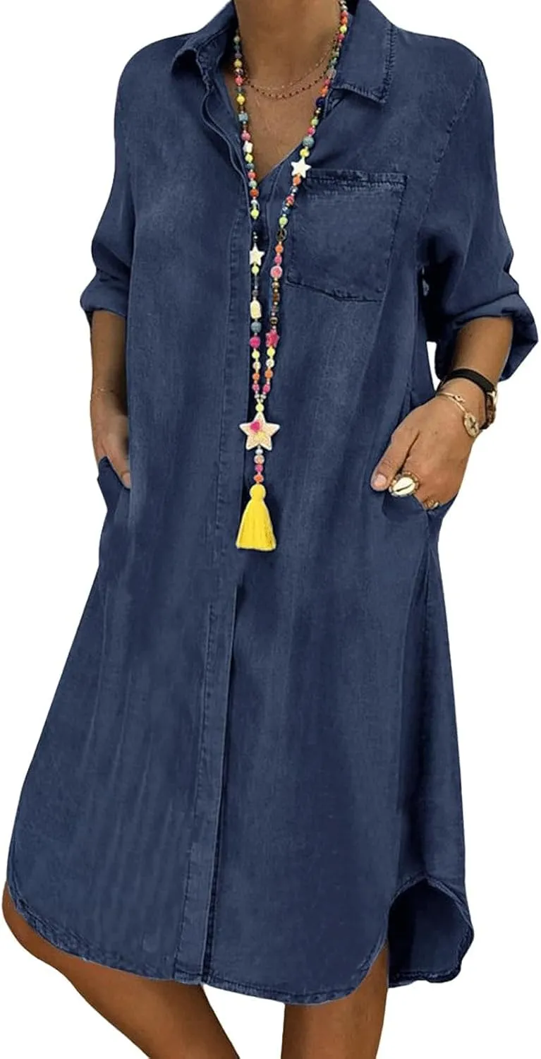 utcoco Denim Dress for Women 2025 Casual Loose Long Sleeve Classic Vintage Button Down Jean Shirt Dresses with Pockets