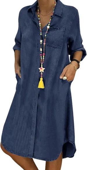 utcoco Denim Dress for Women 2025 Casual Loose Long Sleeve Classic Vintage Button Down Jean Shirt Dresses with Pockets