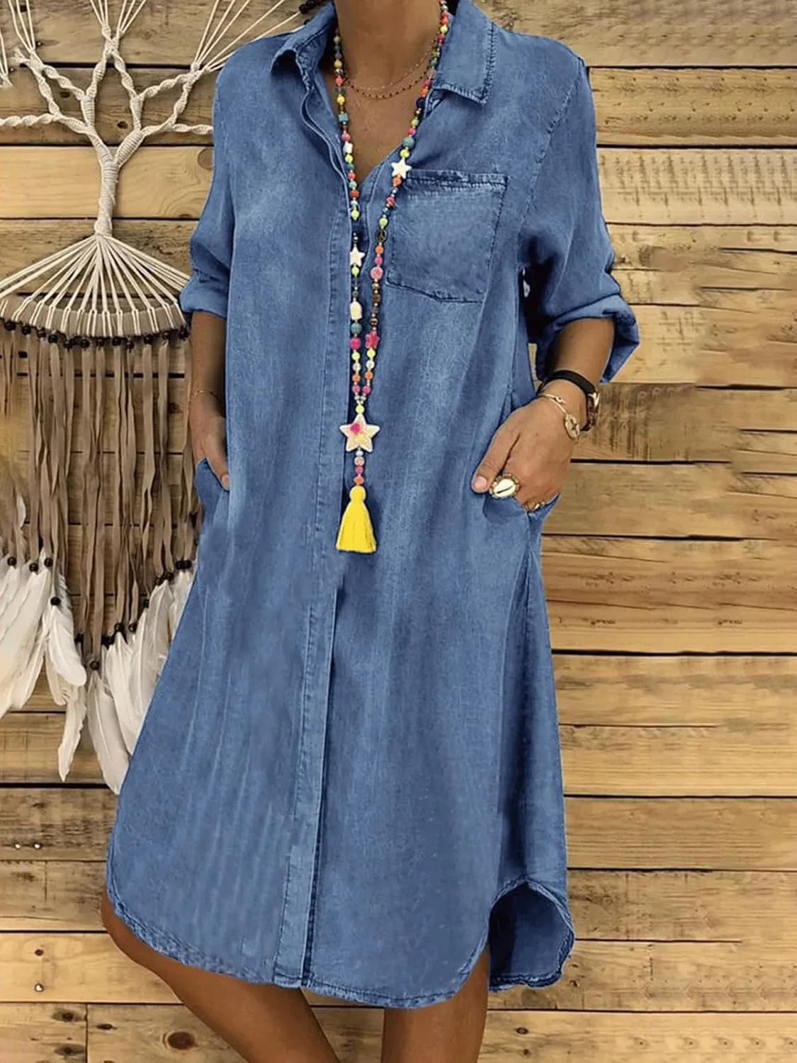 utcoco Denim Dress for Women 2025 Casual Loose Long Sleeve Classic Vintage Button Down Jean Shirt Dresses with Pockets
