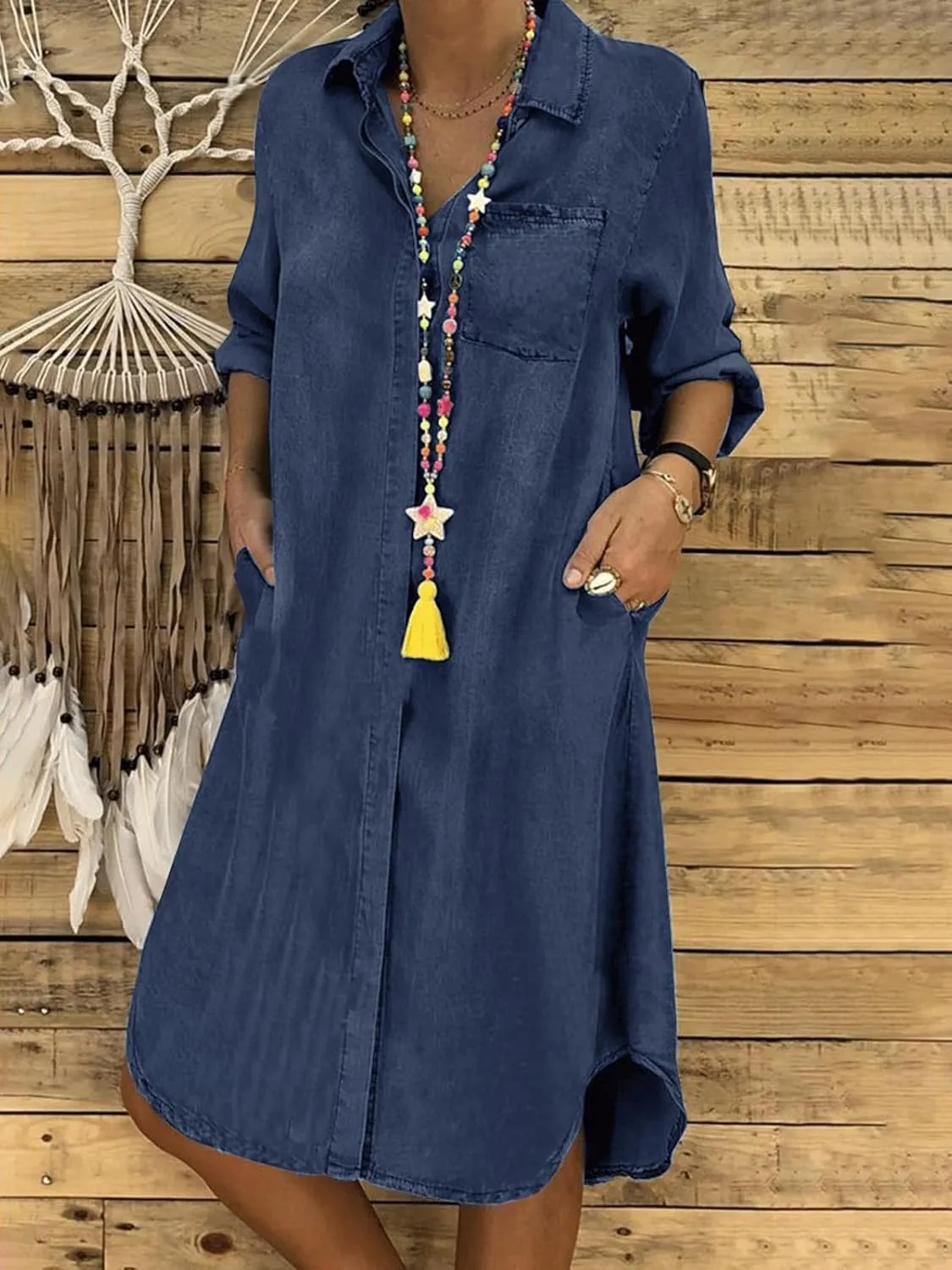 utcoco Denim Dress for Women 2025 Casual Loose Long Sleeve Classic Vintage Button Down Jean Shirt Dresses with Pockets