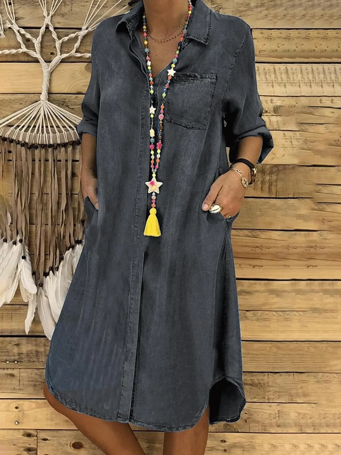 utcoco Denim Dress for Women 2025 Casual Loose Long Sleeve Classic Vintage Button Down Jean Shirt Dresses with Pockets