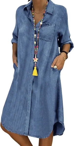 utcoco Denim Dress for Women 2025 Casual Loose Long Sleeve Classic Vintage Button Down Jean Shirt Dresses with Pockets