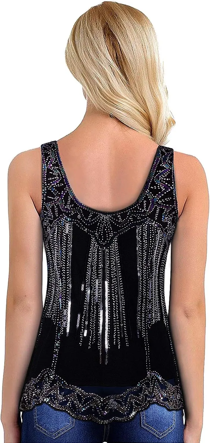 Vijiv Womens 1920s Vintage Beaded Tops Art Deco Sleeveless Embellished Sparkly Sequin Vest Tank Top