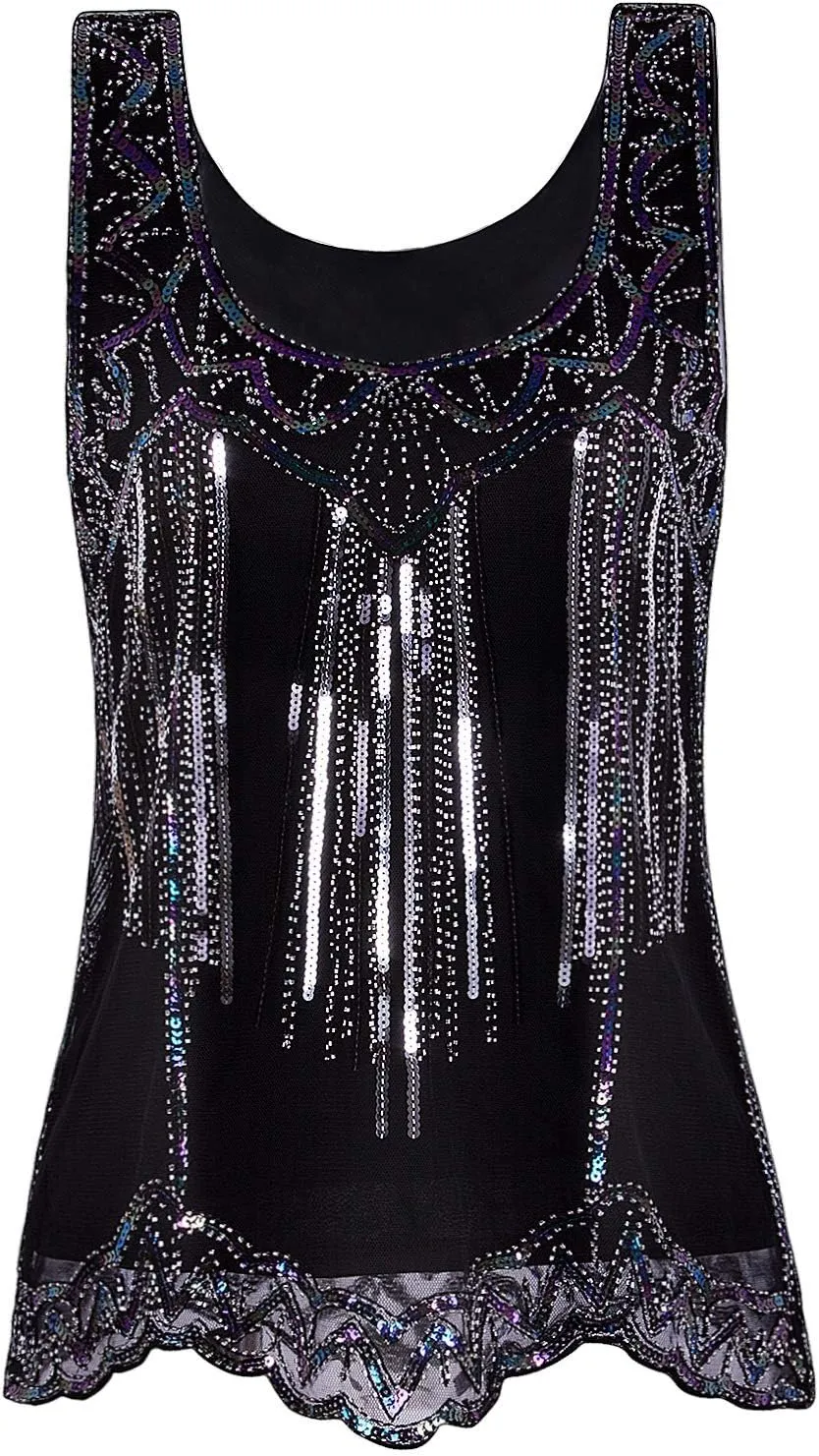 Vijiv Womens 1920s Vintage Beaded Tops Art Deco Sleeveless Embellished Sparkly Sequin Vest Tank Top