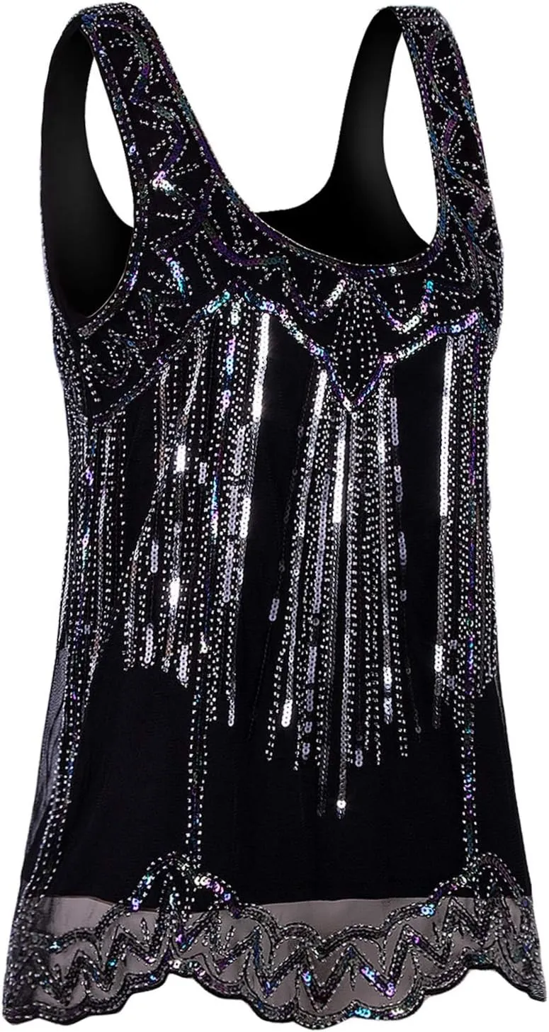 Vijiv Womens 1920s Vintage Beaded Tops Art Deco Sleeveless Embellished Sparkly Sequin Vest Tank Top
