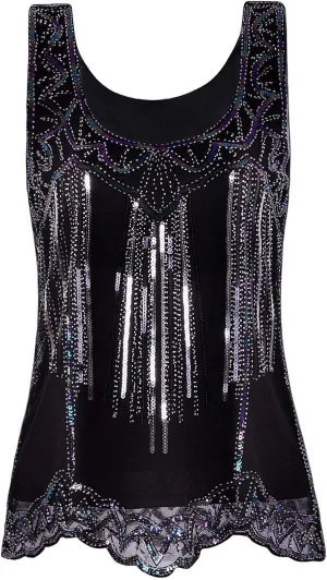 Vijiv Womens 1920s Vintage Beaded Tops Art Deco Sleeveless Embellished Sparkly Sequin Vest Tank Top