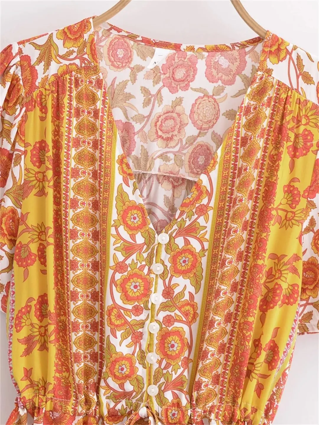 Vintage Women Wild Floral Print Lace-Up Rayon Beach Mini Dresses Elegant Front Button Summer Boho Dress