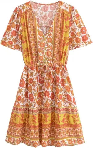 Vintage Women Wild Floral Print Lace-Up Rayon Beach Mini Dresses Elegant Front Button Summer Boho Dress