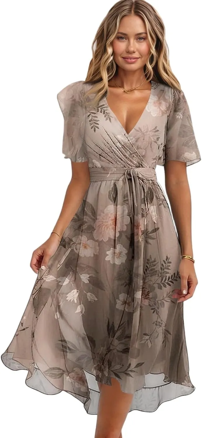 Wedding Guest Dress,Prom Cocktail Summer Sexy Dresses for Women Wrap Flowy Chiffon Womens Midi Dress