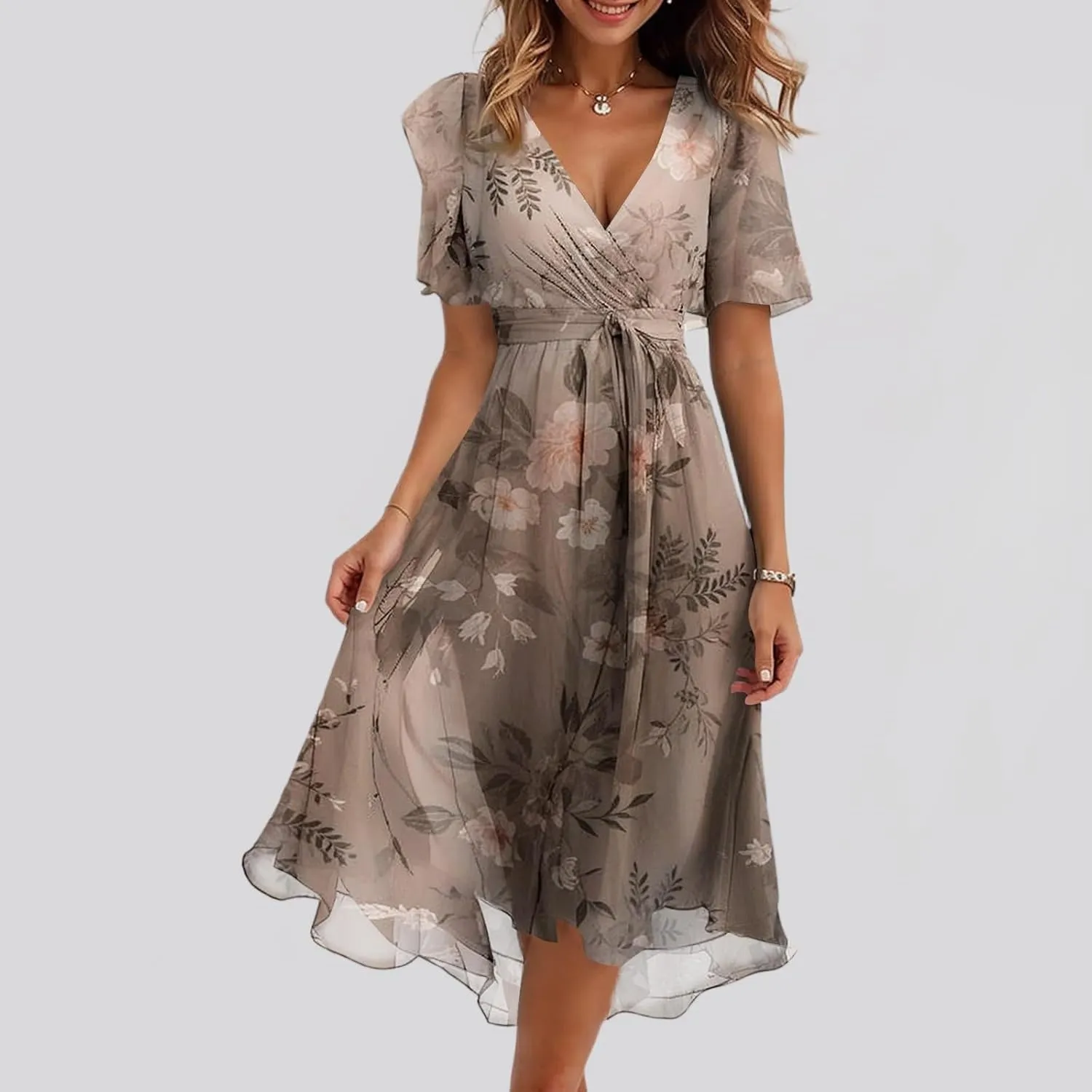 Wedding Guest Dress,Prom Cocktail Summer Sexy Dresses for Women Wrap Flowy Chiffon Womens Midi Dress