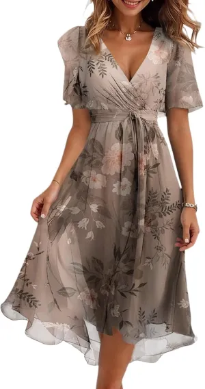Wedding Guest Dress,Prom Cocktail Summer Sexy Dresses for Women Wrap Flowy Chiffon Womens Midi Dress
