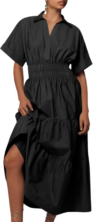 Wenrine Womens Summer Short Sleeve Maxi Dresses Casual V Neck Smocked Loose Tiered Flowy Shirt Dress with Pockets