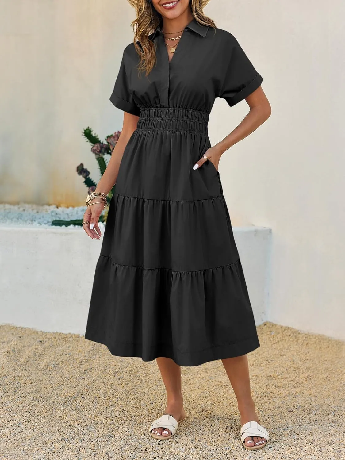 Wenrine Womens Summer Short Sleeve Maxi Dresses Casual V Neck Smocked Loose Tiered Flowy Shirt Dress with Pockets