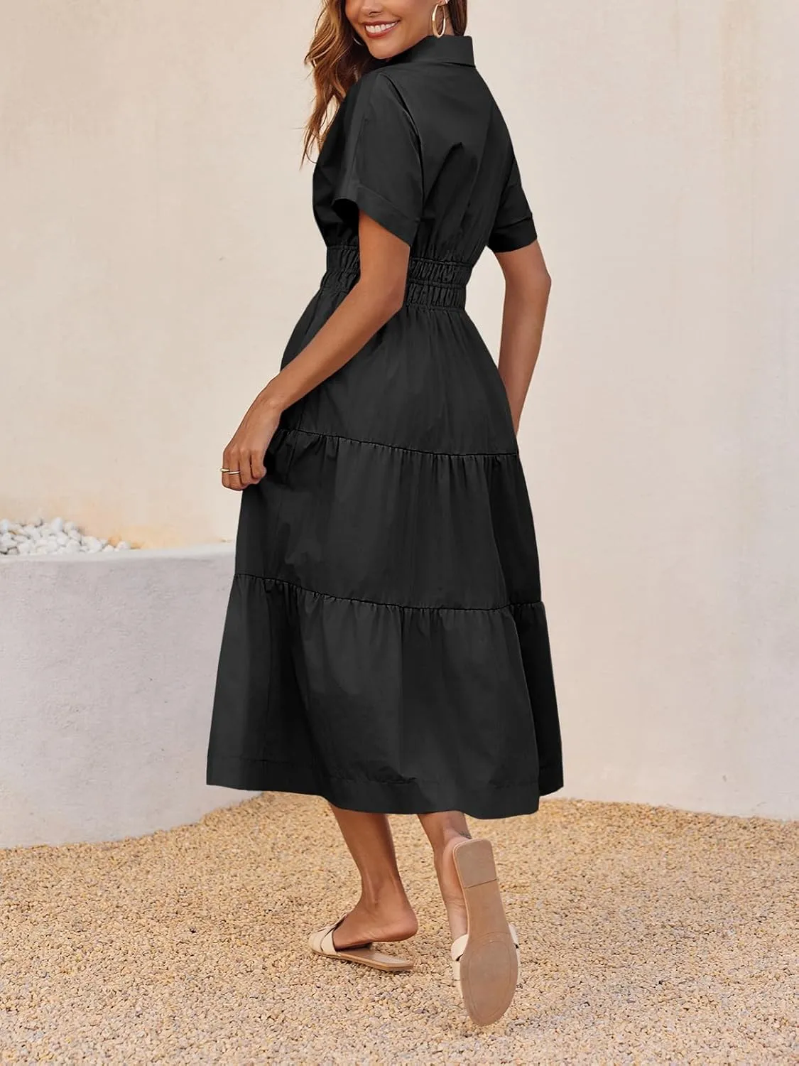 Wenrine Womens Summer Short Sleeve Maxi Dresses Casual V Neck Smocked Loose Tiered Flowy Shirt Dress with Pockets