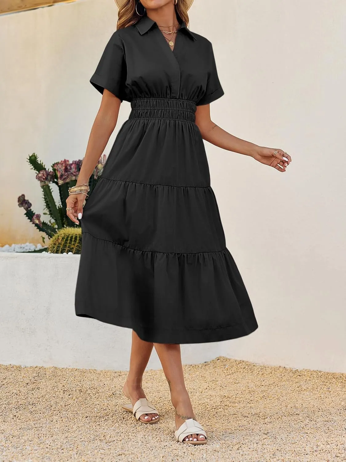 Wenrine Womens Summer Short Sleeve Maxi Dresses Casual V Neck Smocked Loose Tiered Flowy Shirt Dress with Pockets