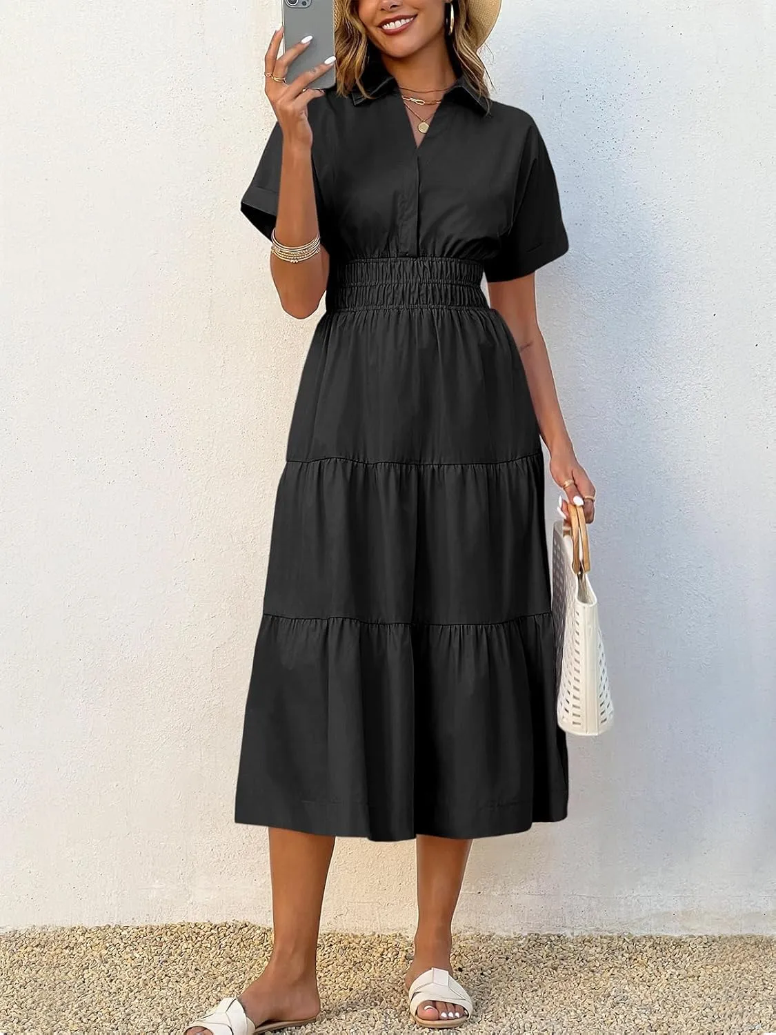 Wenrine Womens Summer Short Sleeve Maxi Dresses Casual V Neck Smocked Loose Tiered Flowy Shirt Dress with Pockets