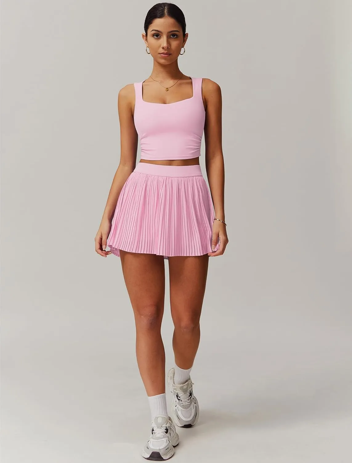 Women 2 Piece Tennis Dresses High Waisted Pleated Skirt Sets Sleeveless Racerback Padded Crop Top Seamless Golf Outfits