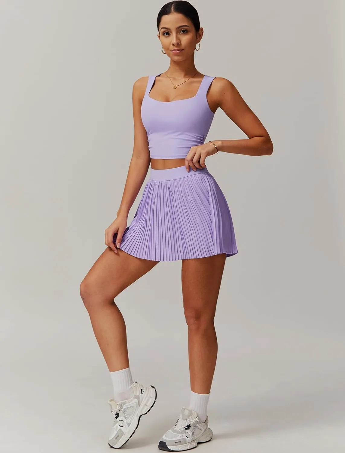 Women 2 Piece Tennis Dresses High Waisted Pleated Skirt Sets Sleeveless Racerback Padded Crop Top Seamless Golf Outfits