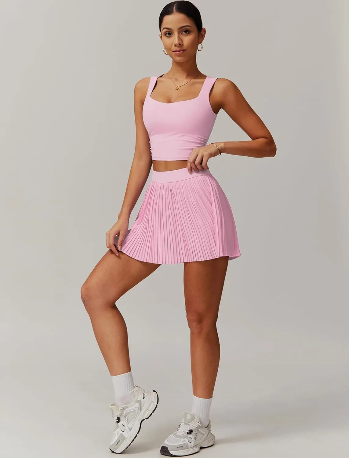Women 2 Piece Tennis Dresses High Waisted Pleated Skirt Sets Sleeveless Racerback Padded Crop Top Seamless Golf Outfits