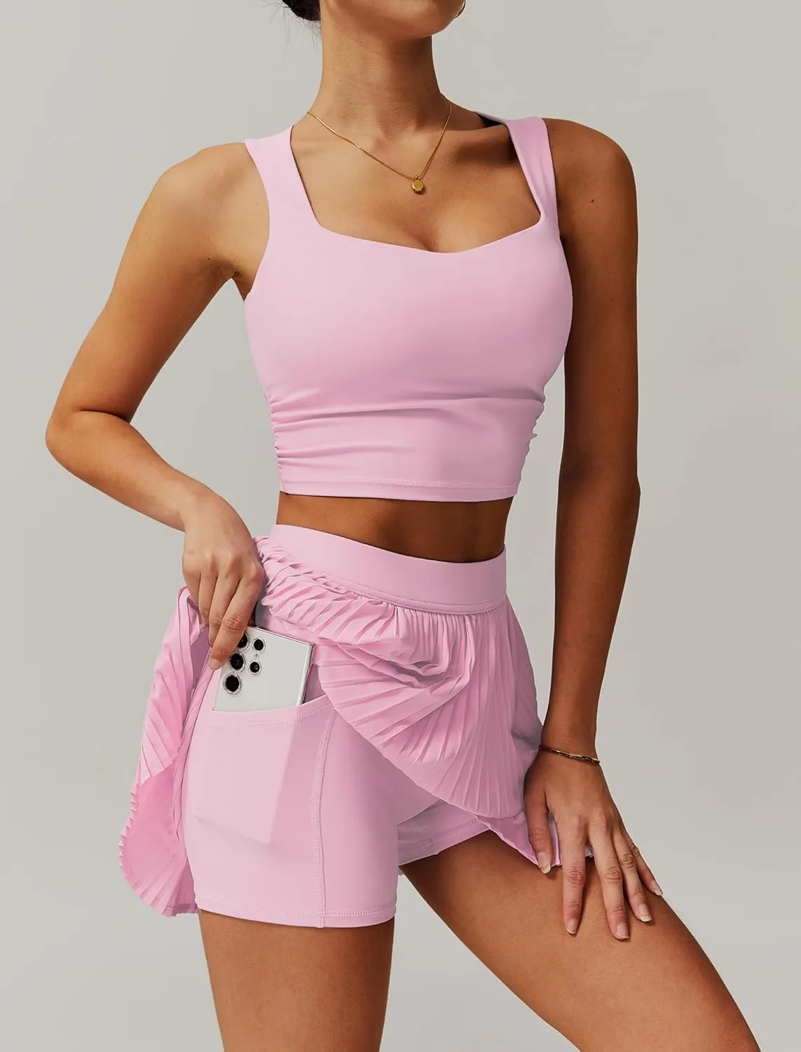 Women 2 Piece Tennis Dresses High Waisted Pleated Skirt Sets Sleeveless Racerback Padded Crop Top Seamless Golf Outfits