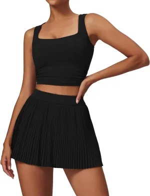Women 2 Piece Tennis Dresses High Waisted Pleated Skirt Sets Sleeveless Racerback Padded Crop Top Seamless Golf Outfits