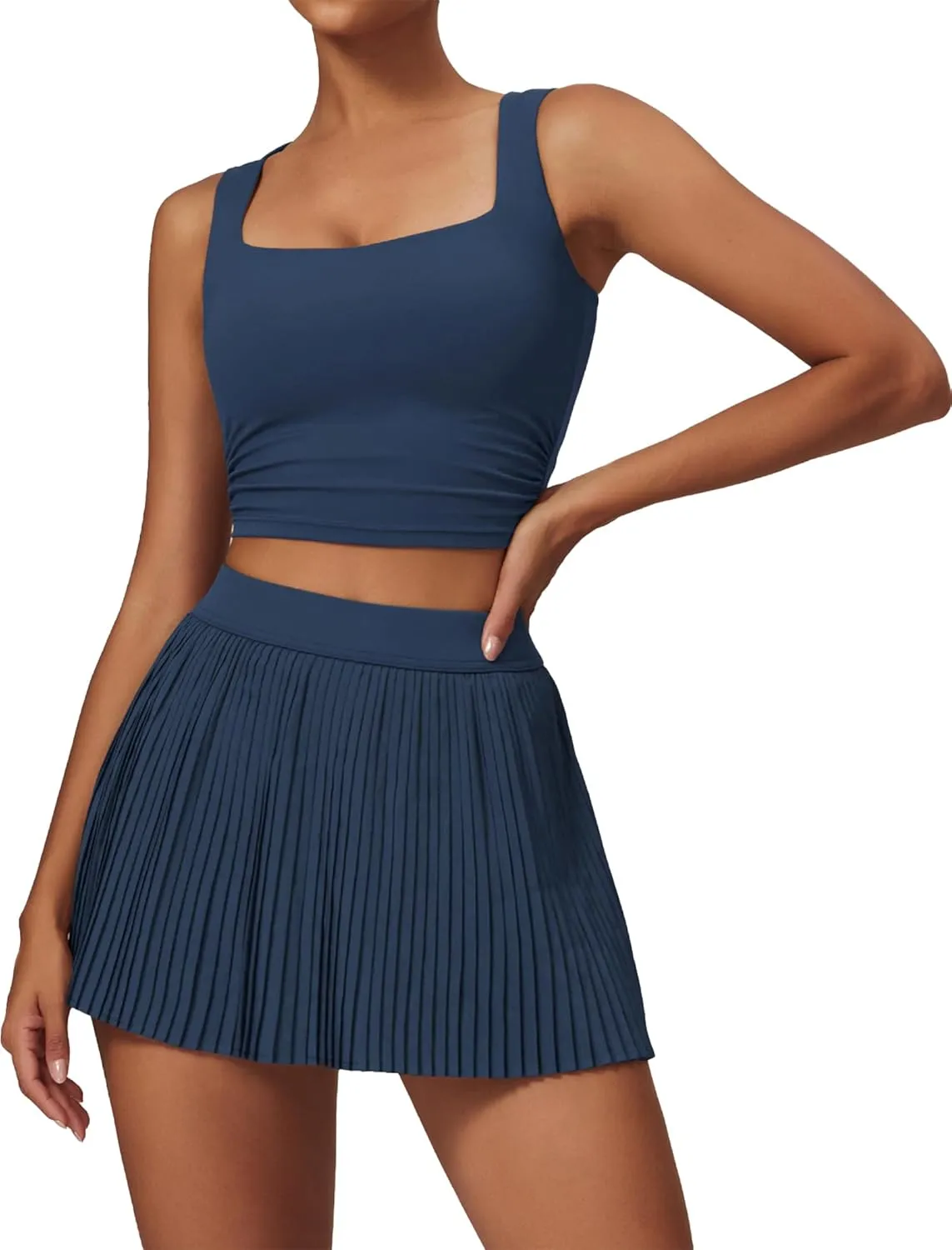 Women 2 Piece Tennis Dresses High Waisted Pleated Skirt Sets Sleeveless Racerback Padded Crop Top Seamless Golf Outfits