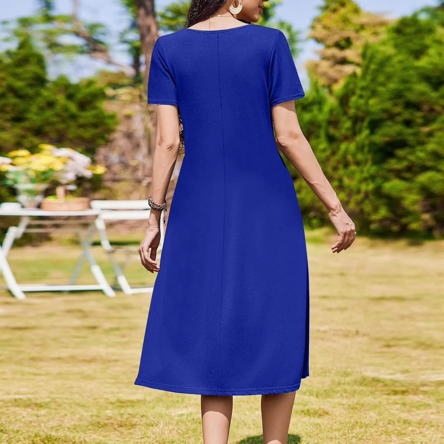 Women 2025 Summer Short Sleeve Midi Dress with Pockets Casual Aline Flowy Tshirt Dress Floral Vocation Beach Sundress