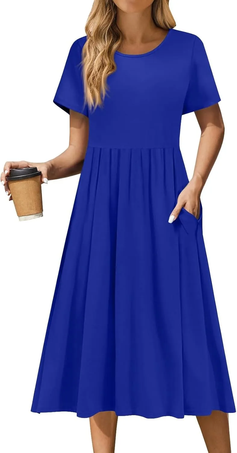 Women 2025 Summer Short Sleeve Midi Dress with Pockets Casual Aline Flowy Tshirt Dress Floral Vocation Beach Sundress