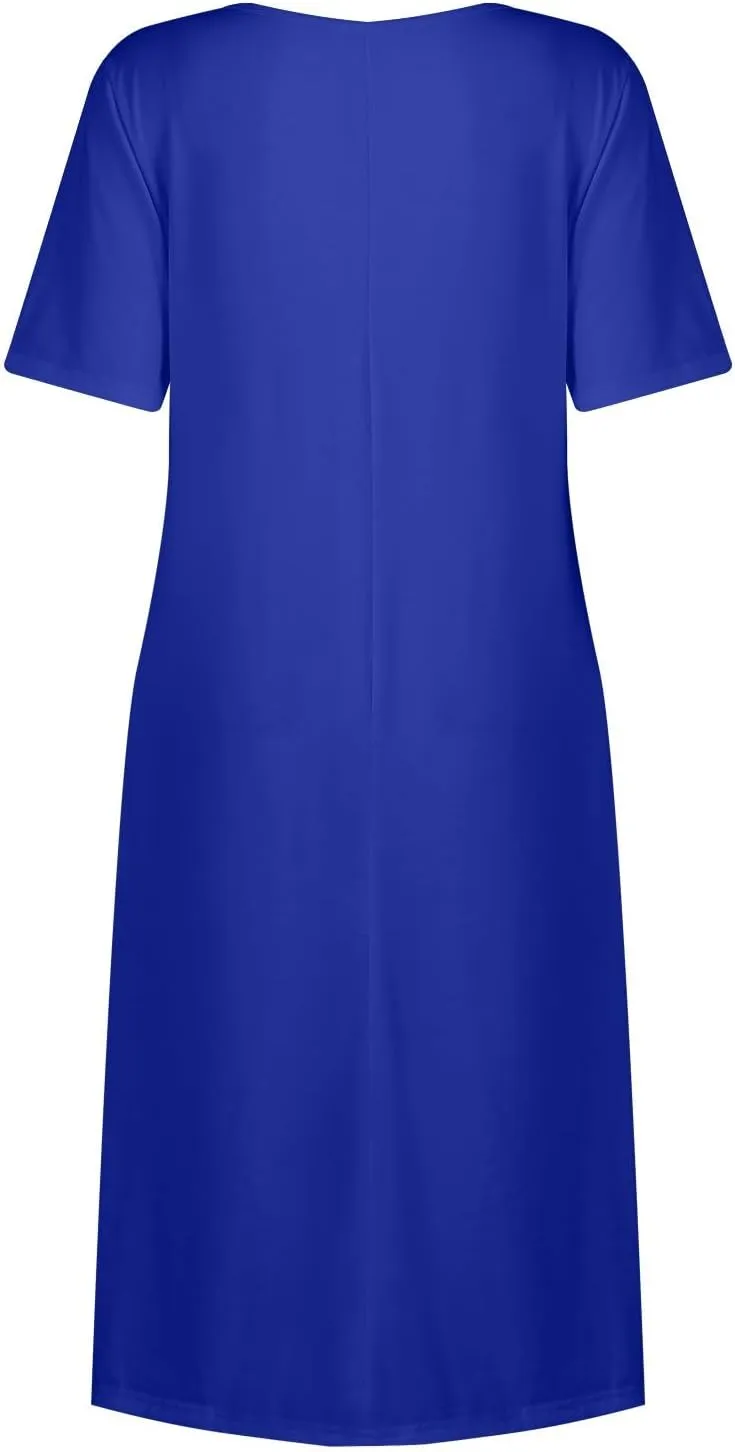 Women 2025 Summer Short Sleeve Midi Dress with Pockets Casual Aline Flowy Tshirt Dress Floral Vocation Beach Sundress